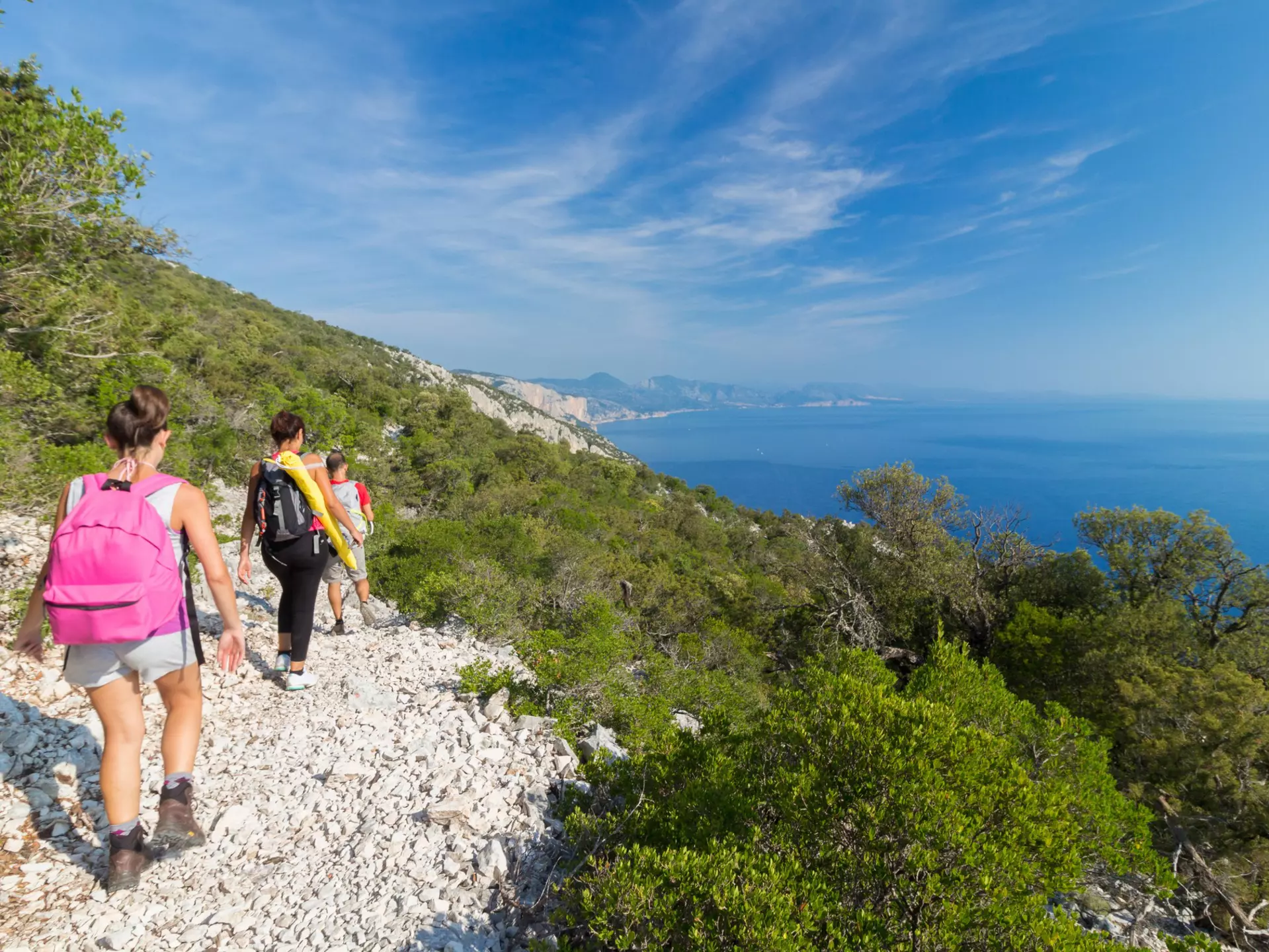 Hikers follow a stony pathway through coastal scrubland down towards a beach.