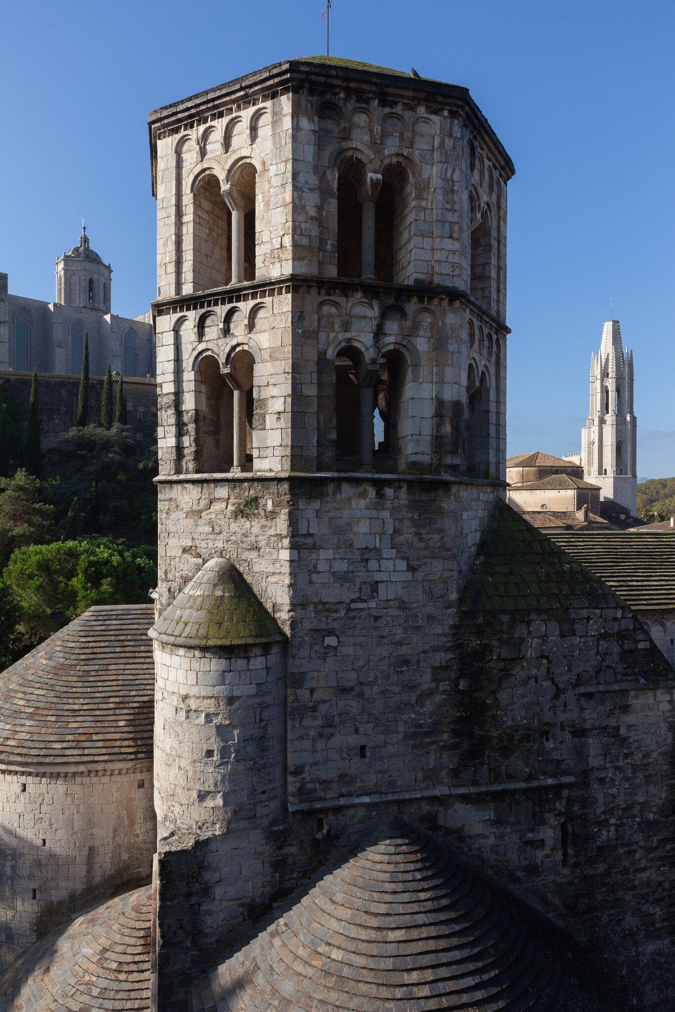 View of the bell tower of the Monestir de Sant Pere de Galligants in Girona, Spain.