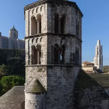 View of the bell tower of the Monestir de Sant Pere de Galligants in Girona, Spain.