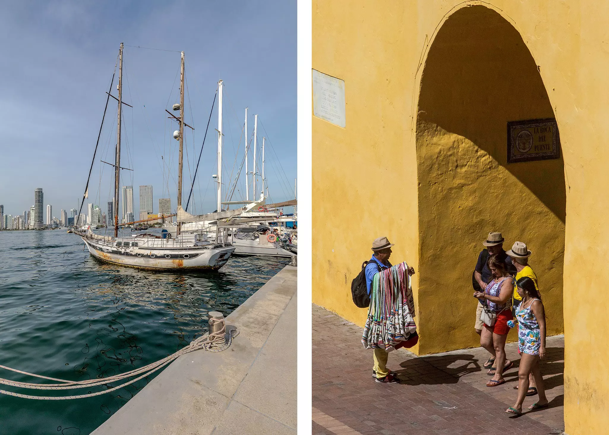 Left, boats at a dock with views of a city behind them; right, a man selling bags to a group of people