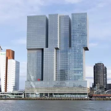 View of De Rotterdam Building by the water in Rotterdam.