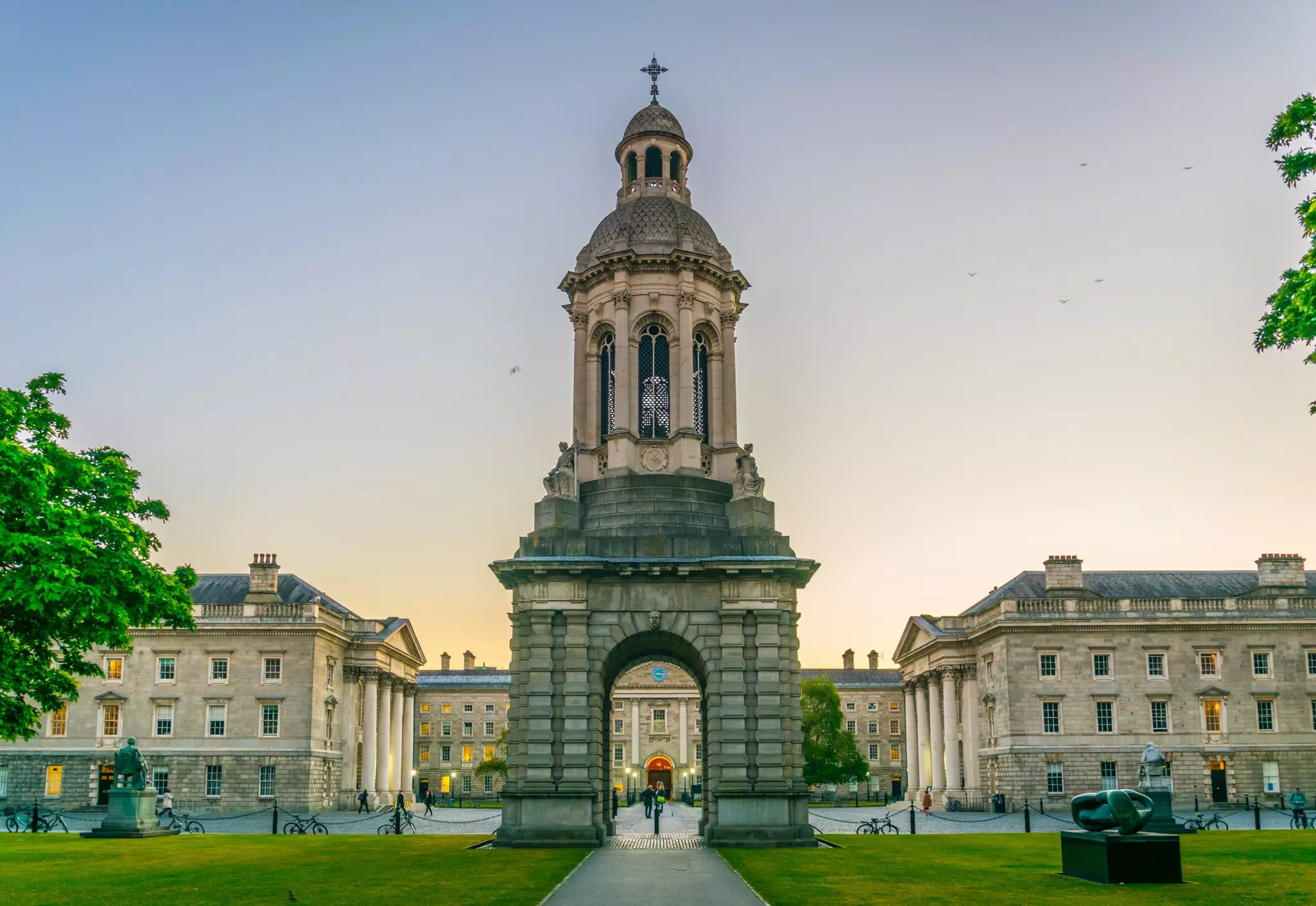The campanile inside of the Trinity College campus in Dublin.