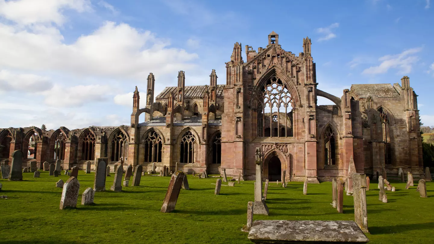 The ruins of Melrose Abbey on a bright sunny day, Melrose, Scotland, United Kingdom