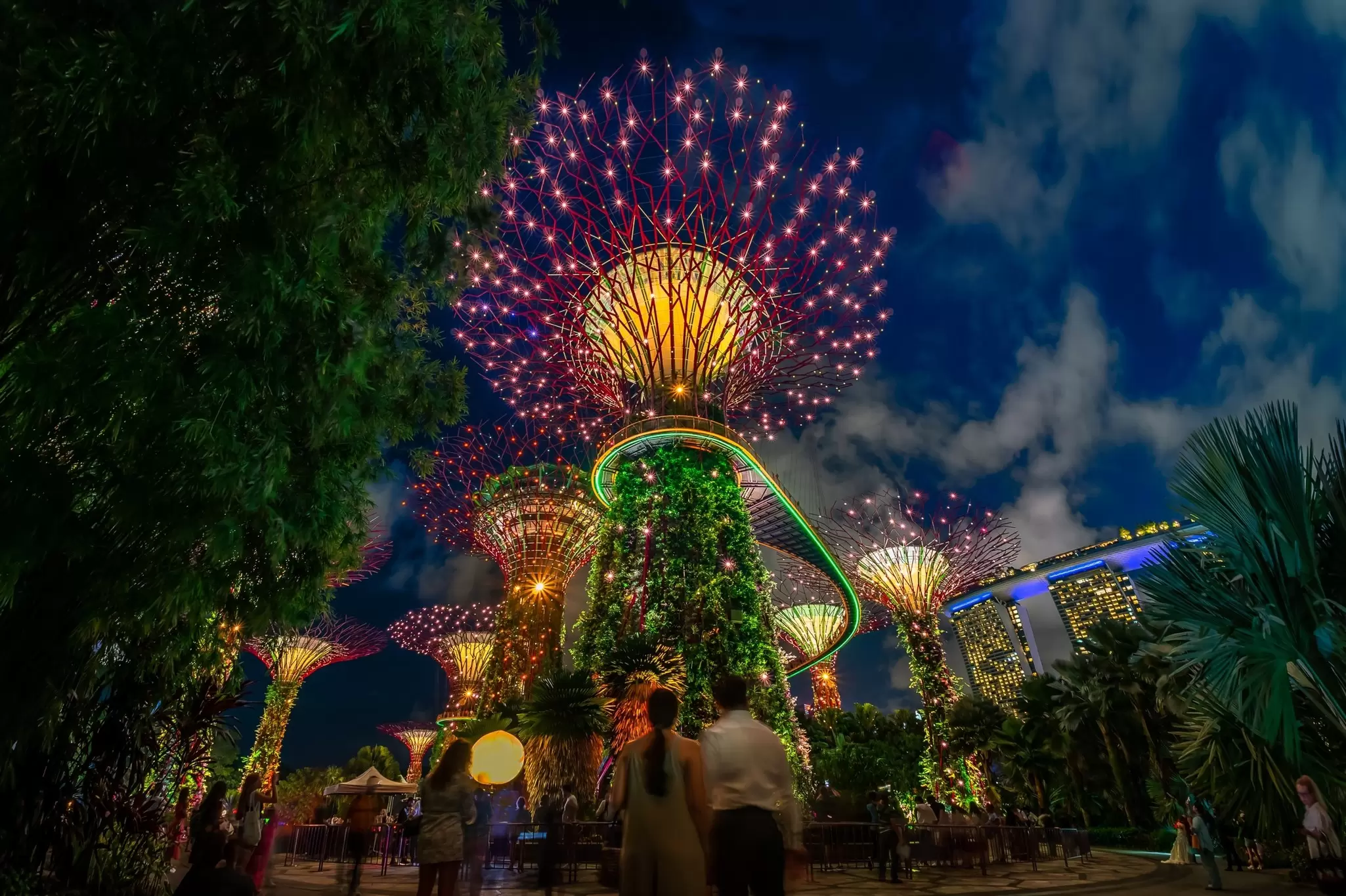 People look up at a series of glass towers illuminated with bright lights after dark.