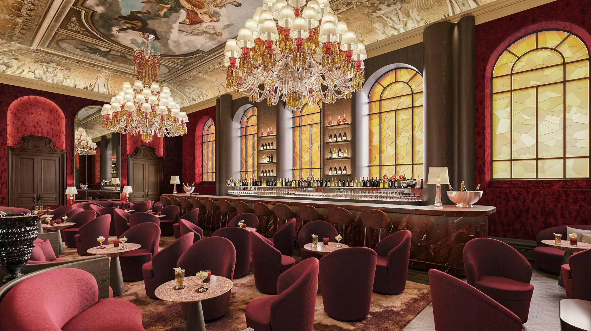 Illustration of a ballroom-like room with chandeliers, large windows, a bar and soft maroon chairs around small tables
