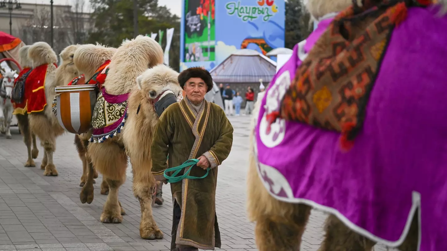 A man leads a camel as part of a Nauryz celebration, Almaty, Kazakhstan