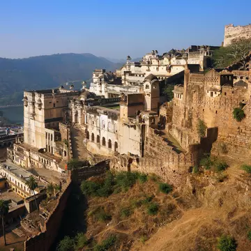 Sweeping view of Taragarh fort in Bundi city in Rajasthan, India.