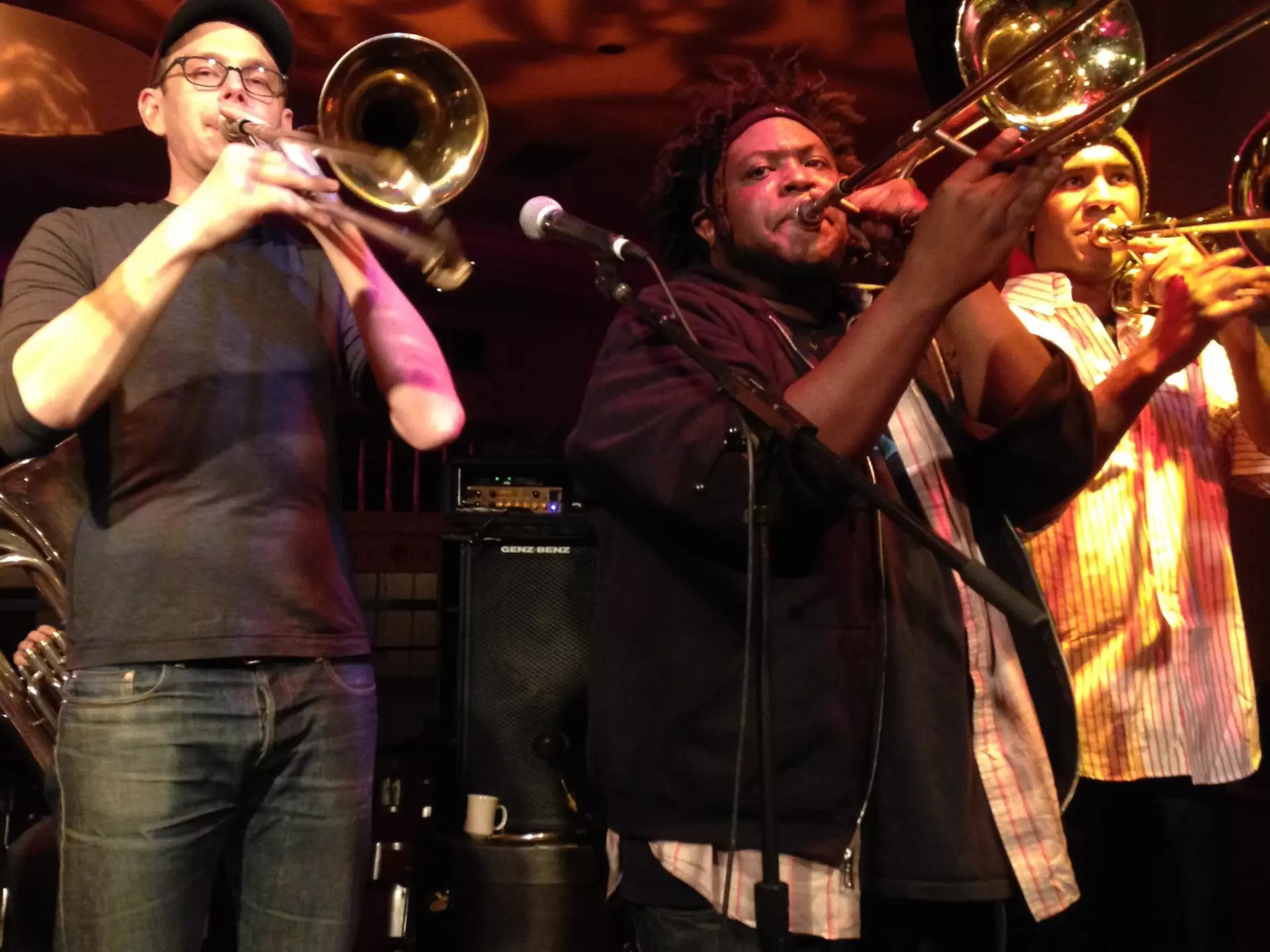 Members of No BS Brass Band of Richmond, Virginia perform at Stuart's Opera House, Nelsonville, Ohio, USA in February 2015.  License Type: media  Download Time: 2021-08-19T12:59:25.000Z  User: AMccarthy_lonelyplanet  Is Editorial: Yes  purchase_order:   
