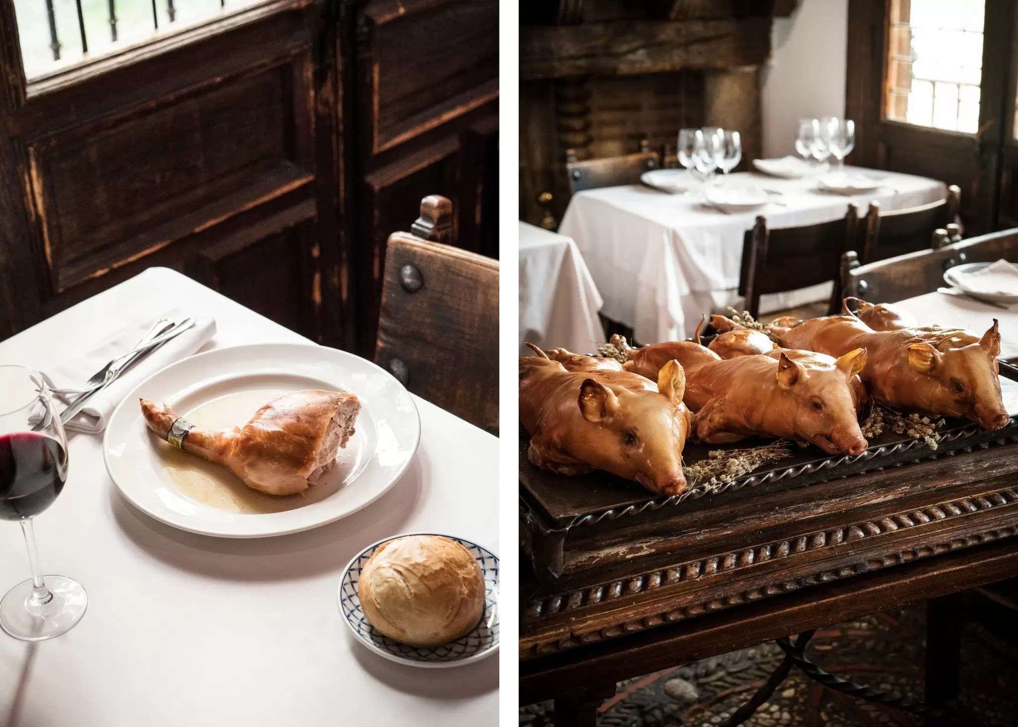 Left: A leg of pork served on a white plate; right: a row of suckling pig ready to serve: food in Spain