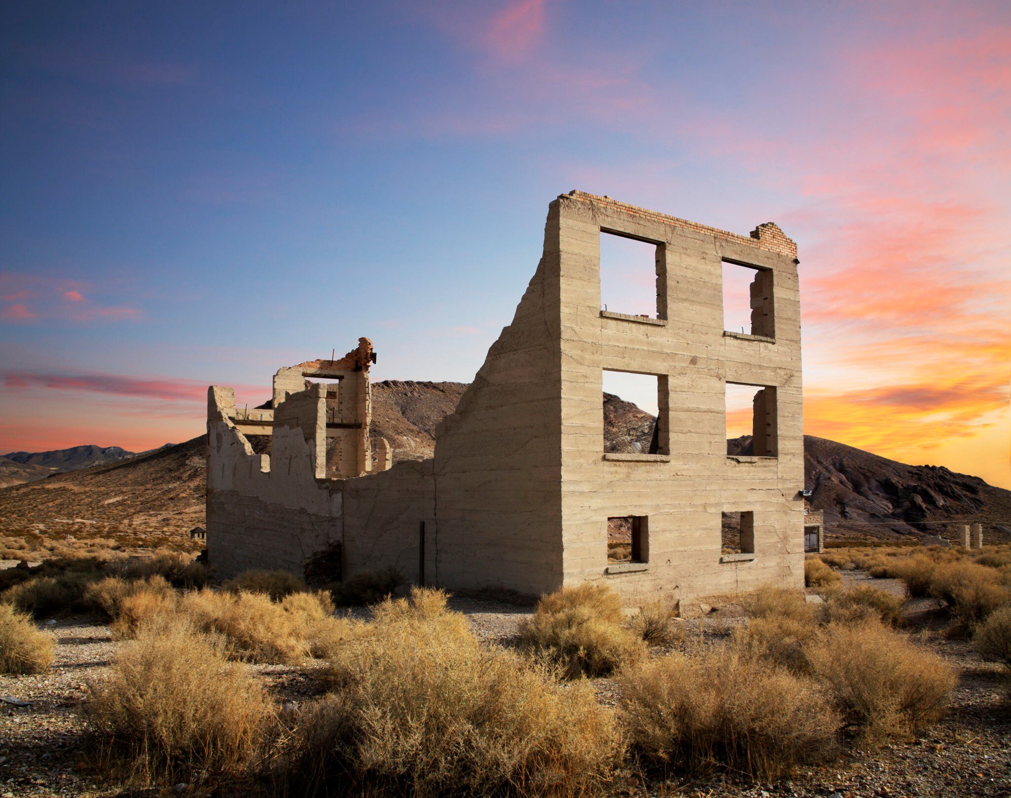A crumbling remnant in the ghost town of Rhyolite near Death Valley.