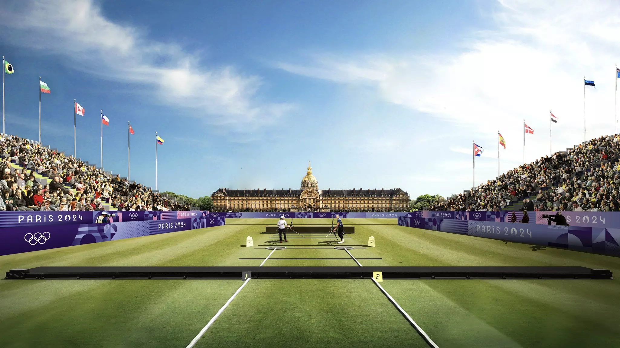 Iconic Paris monuments will be the backdrop to the 2024 Olympic Games. The archery competition, for example, is set to take place in front of the Invalides, as envisioned in this rendering © Paris 2024 Olympic Games