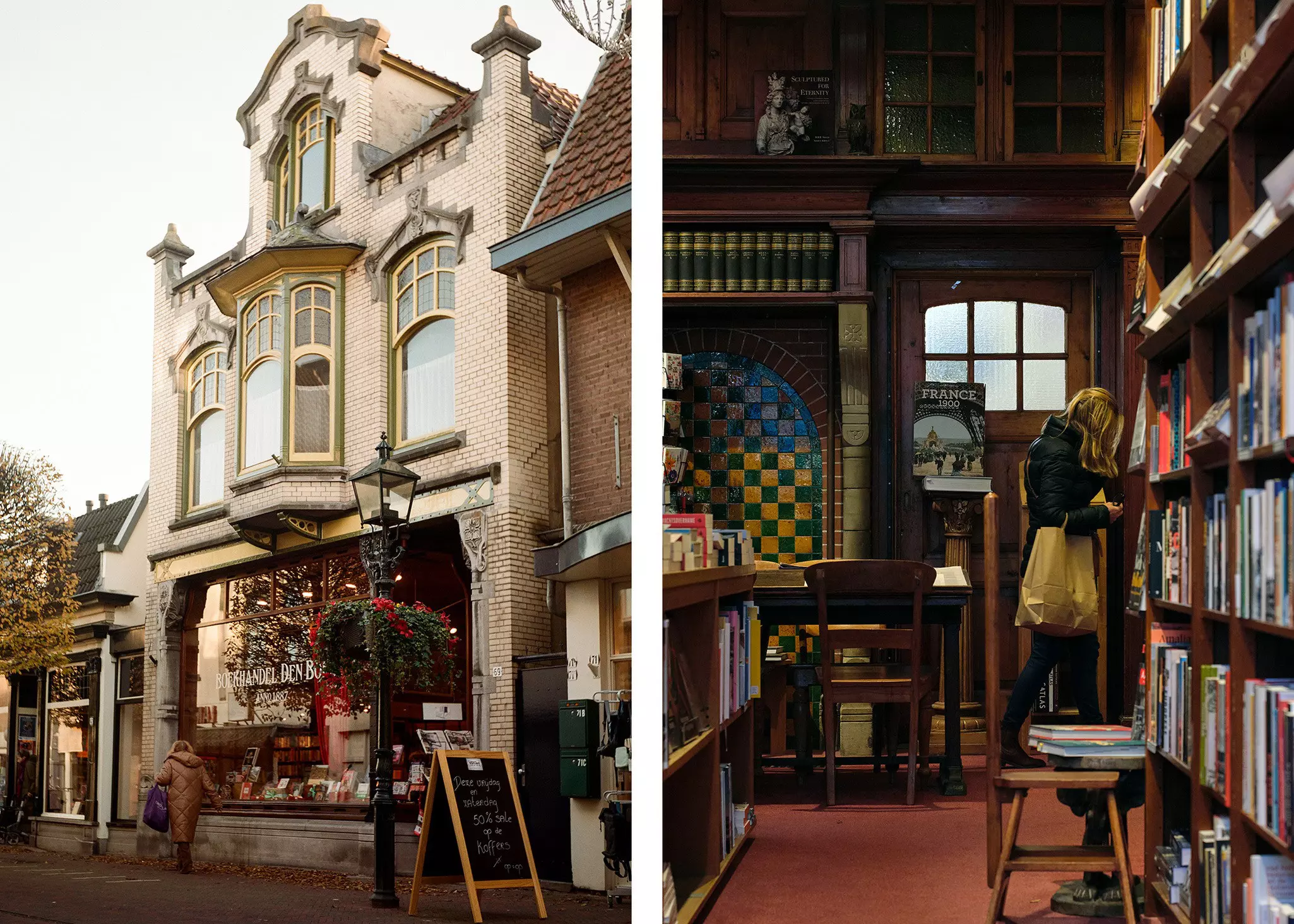 Left, the exterior of a bookstore; right, a women walks through a bookstore