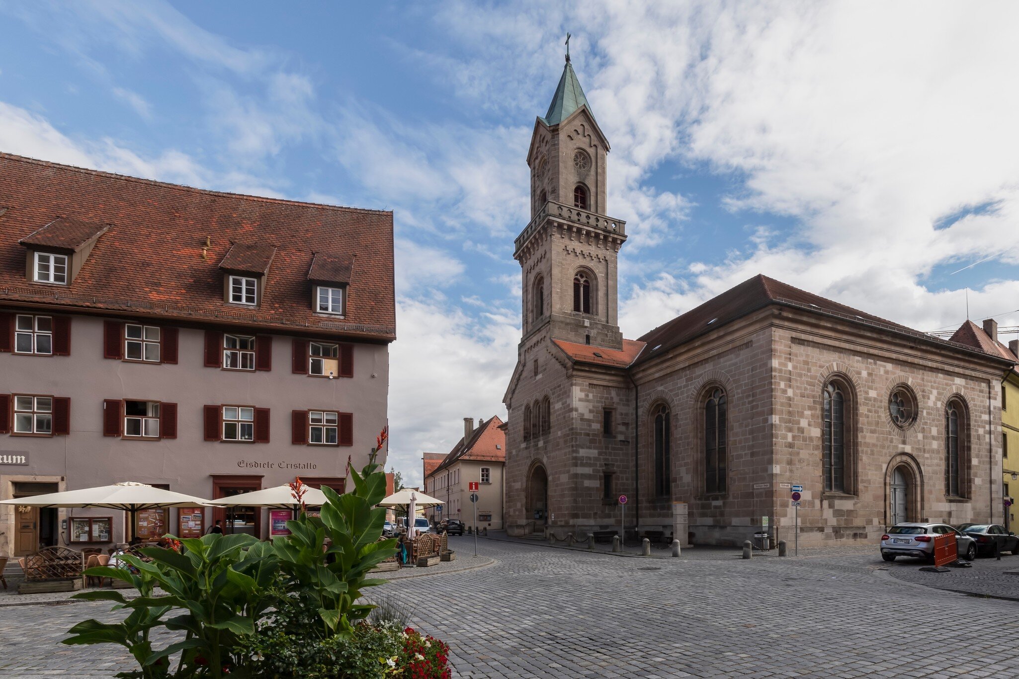 Facade of St. George Church in the center of the old town of Dinkelsbühl in Bavaria, Germany.