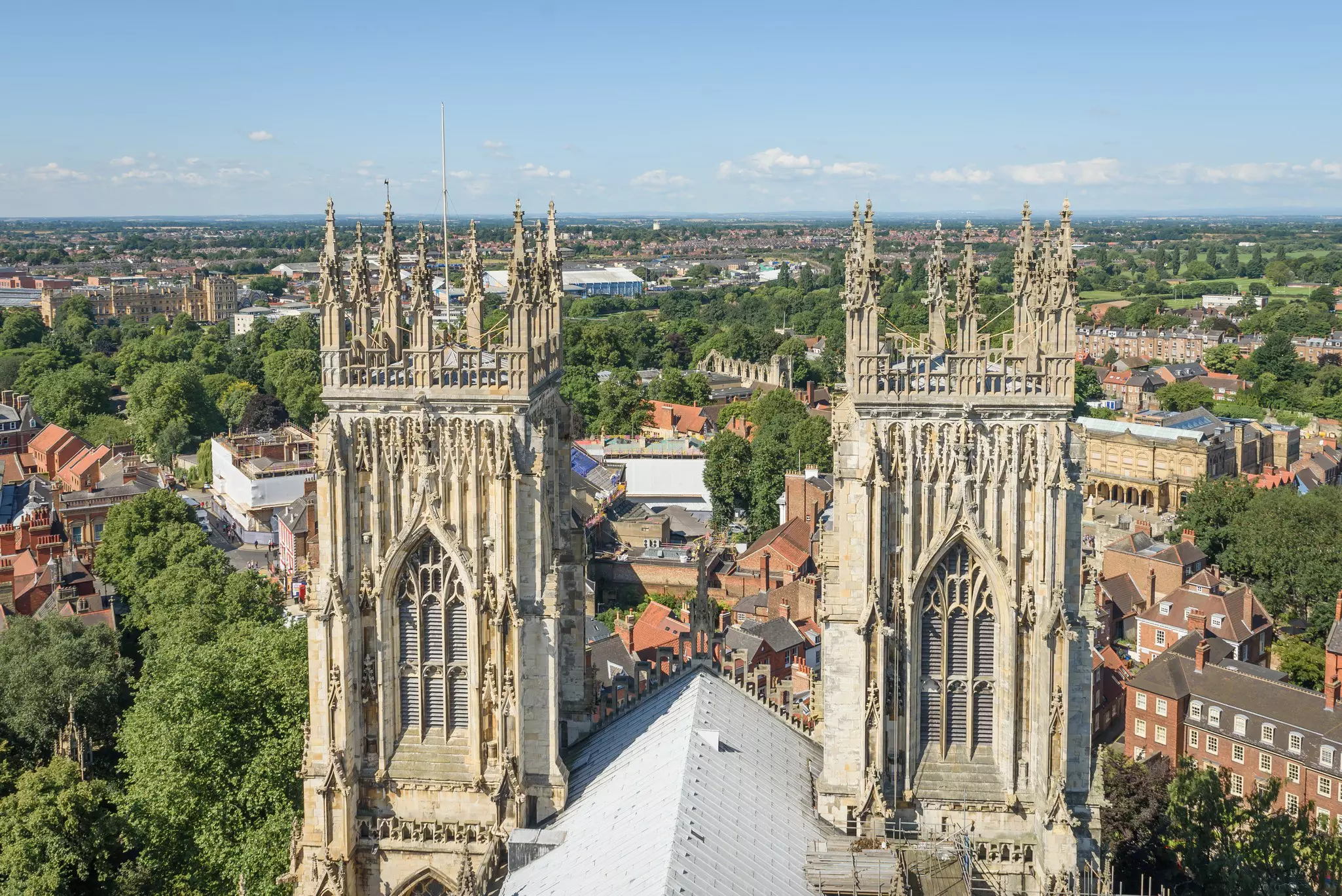 View of church spires and the city of York, England from atop York Minster