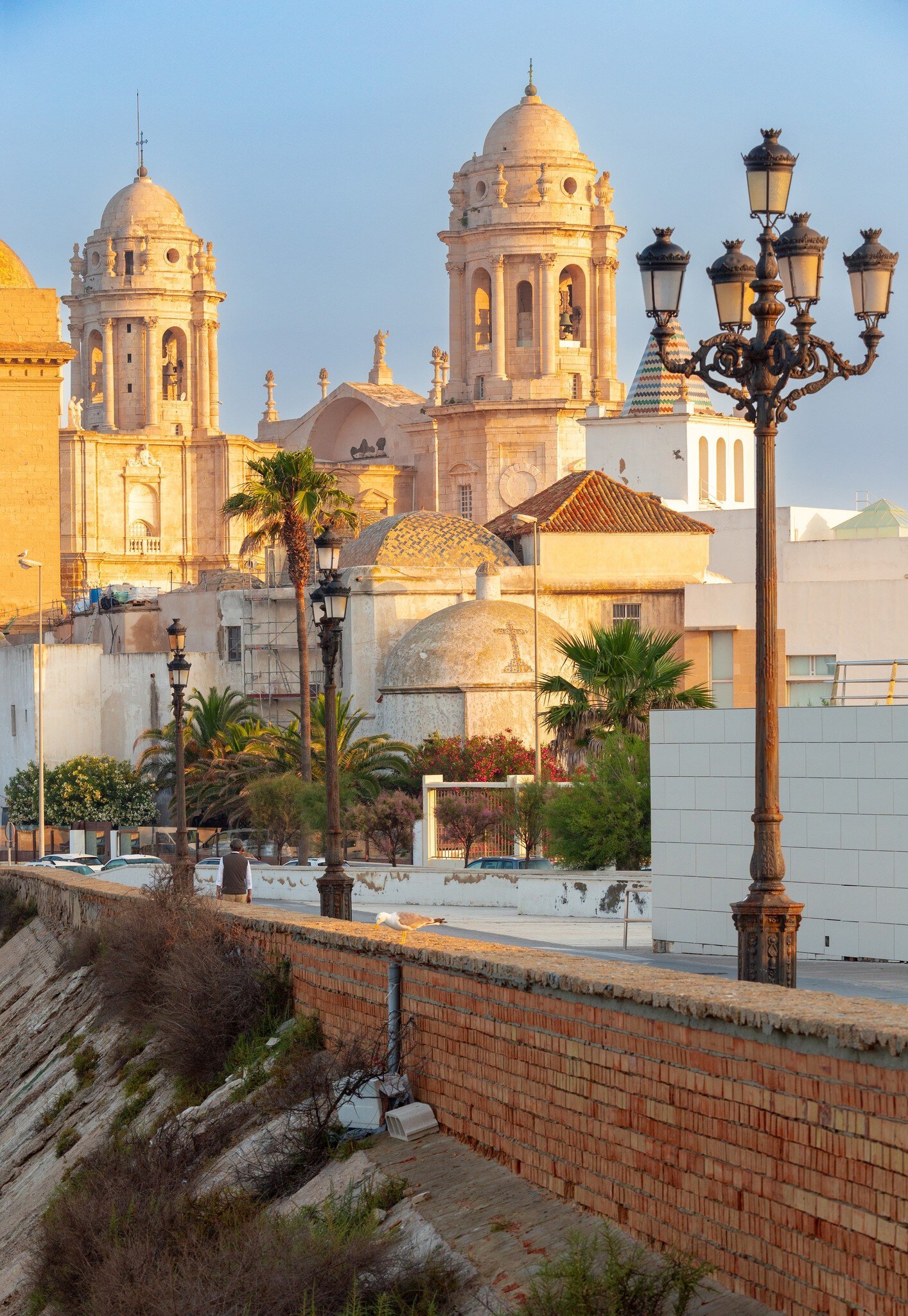 View of the Catedral de Cádiz from the waterfront at dawn in Spain.
