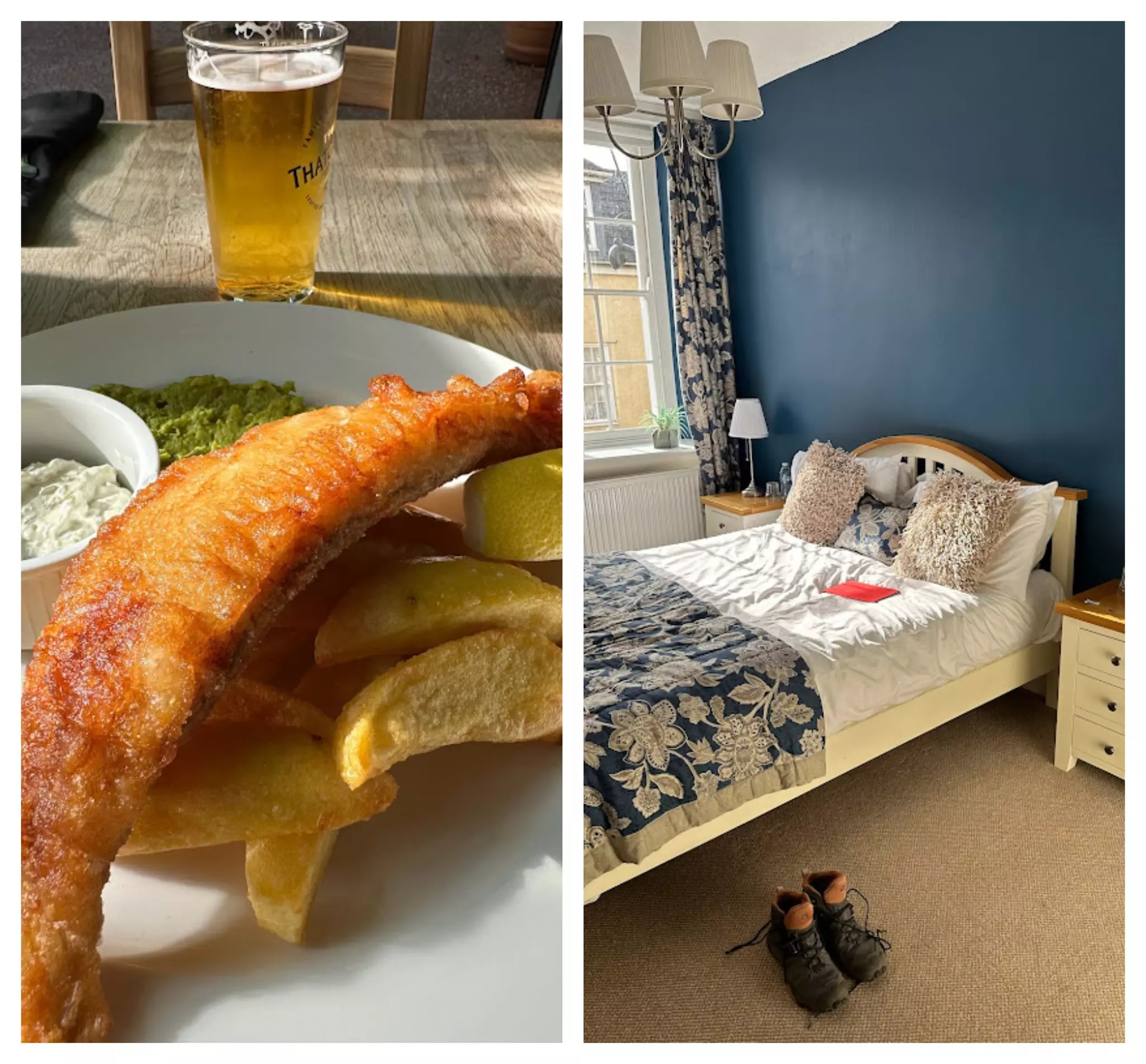 A pint with fish & chips and comfy B&B at the end of the day's trek © Anna Roth