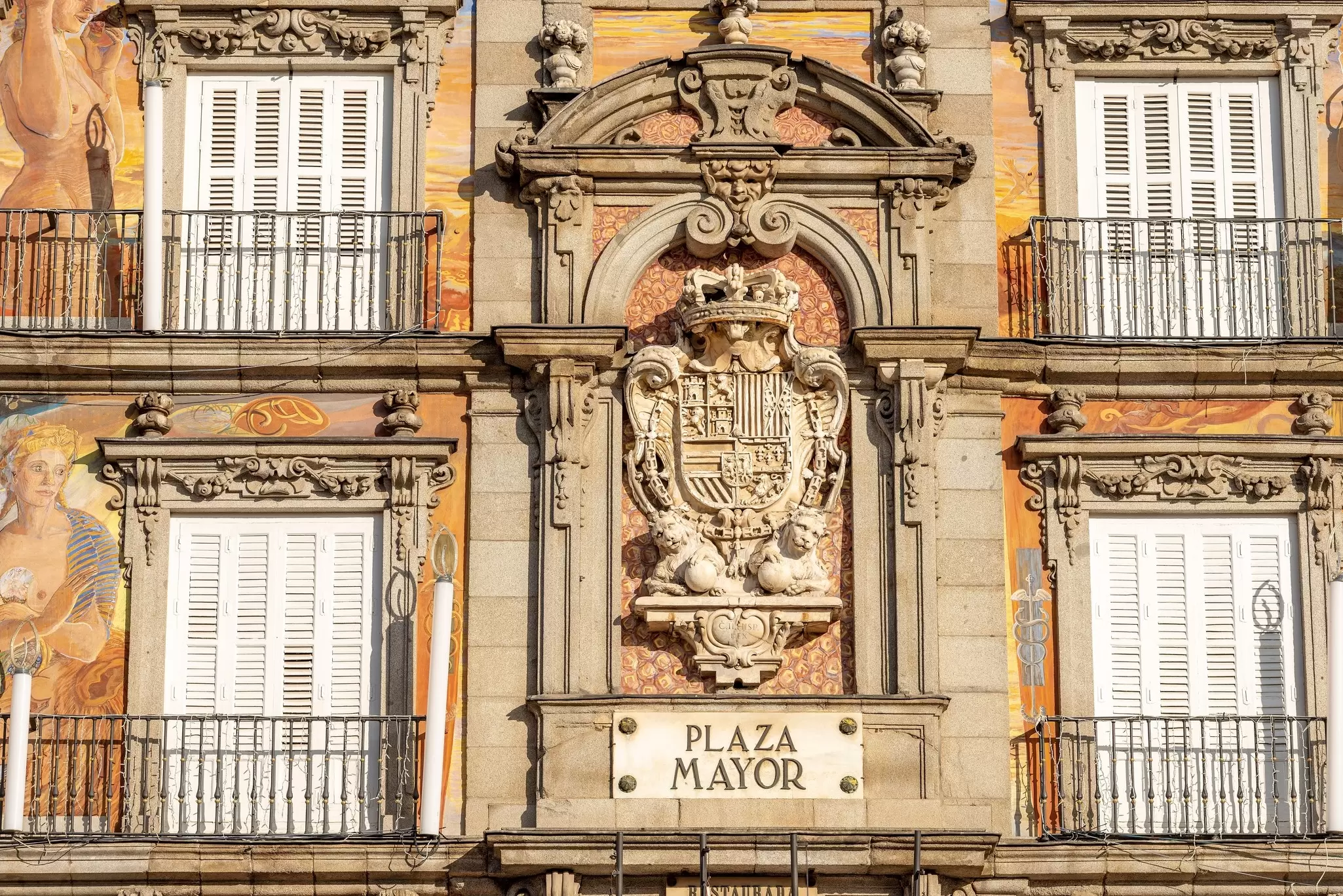Close-up of the architecture of Casa De La Panaderia on Plaza Mayor in Madrid, Spain.