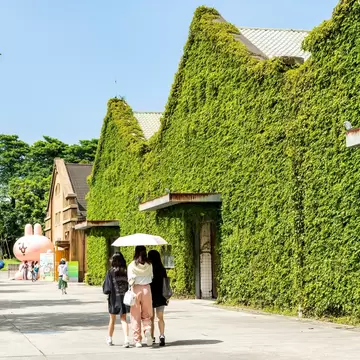 Ivy-covered walls of the exterior of Huashan 1914 Creative Park in Taipei, Taiwan. 