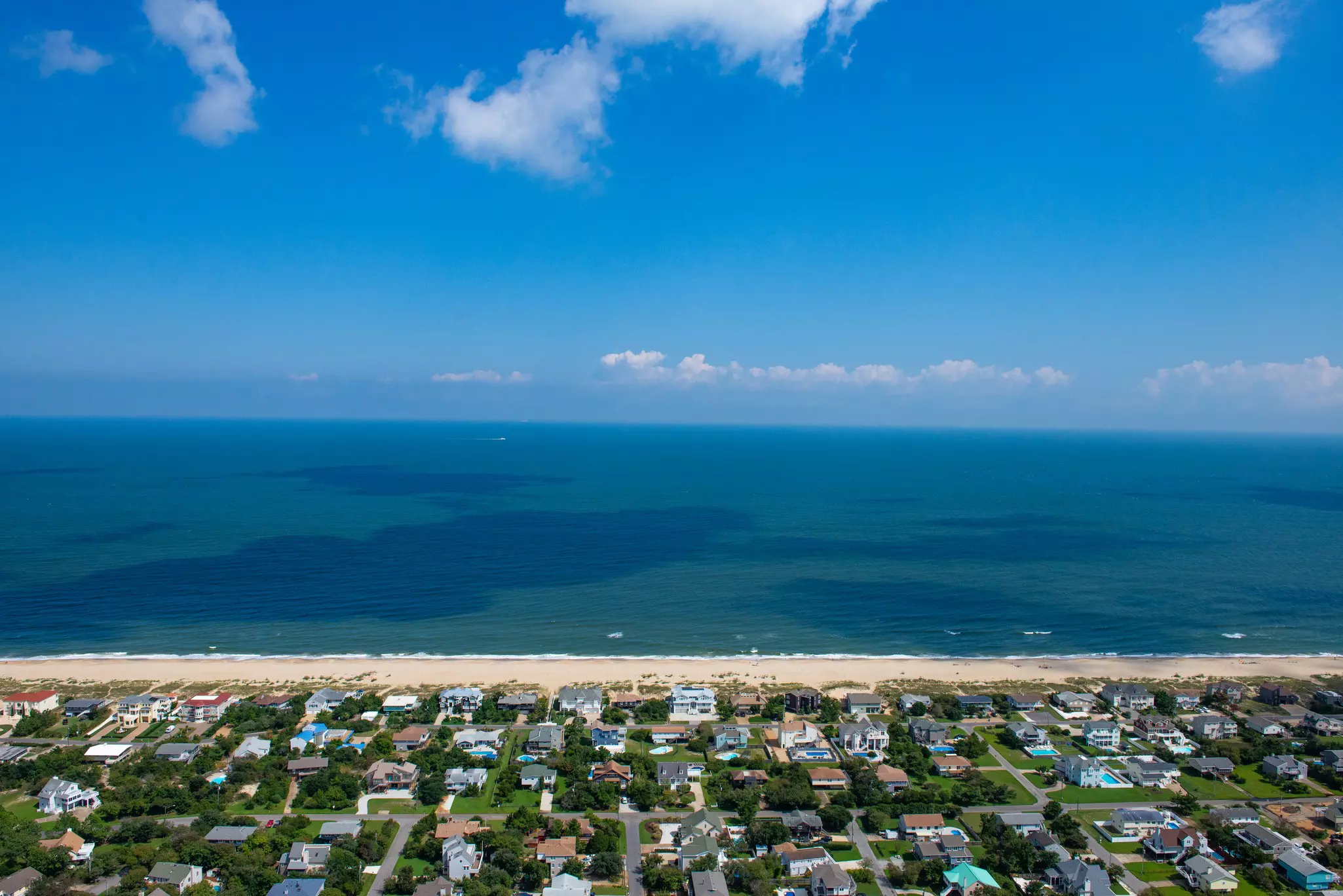 Aerial view of the coastline at Sandbridge Beach, VA. 