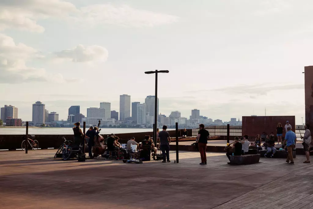 Musicians perform in Crescent Park in the Bywater neighborhood of New Orleans, Louisiana
