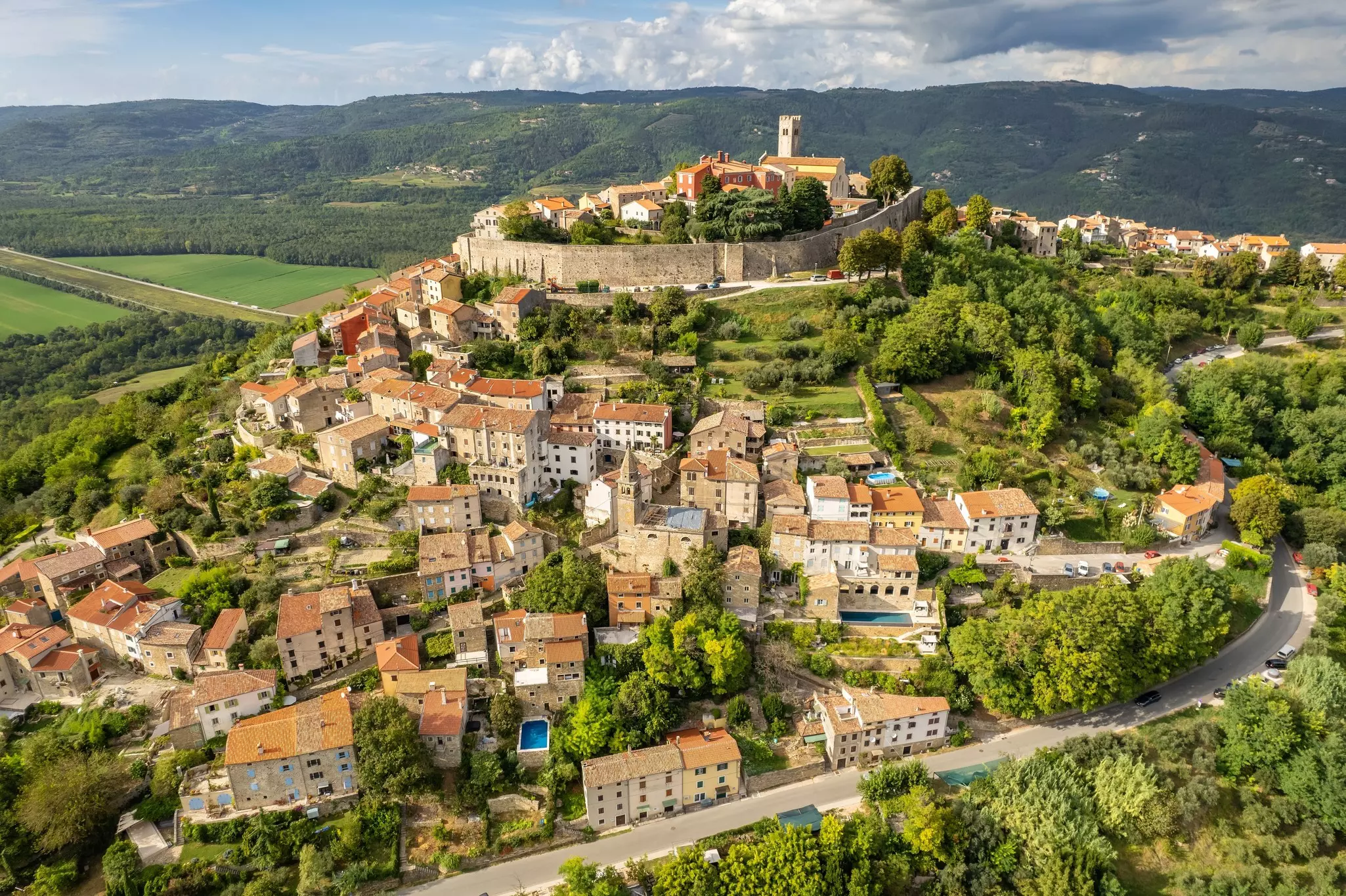 Aerial view of the picturesque historic town of Motovun, Istria region, Croatia.