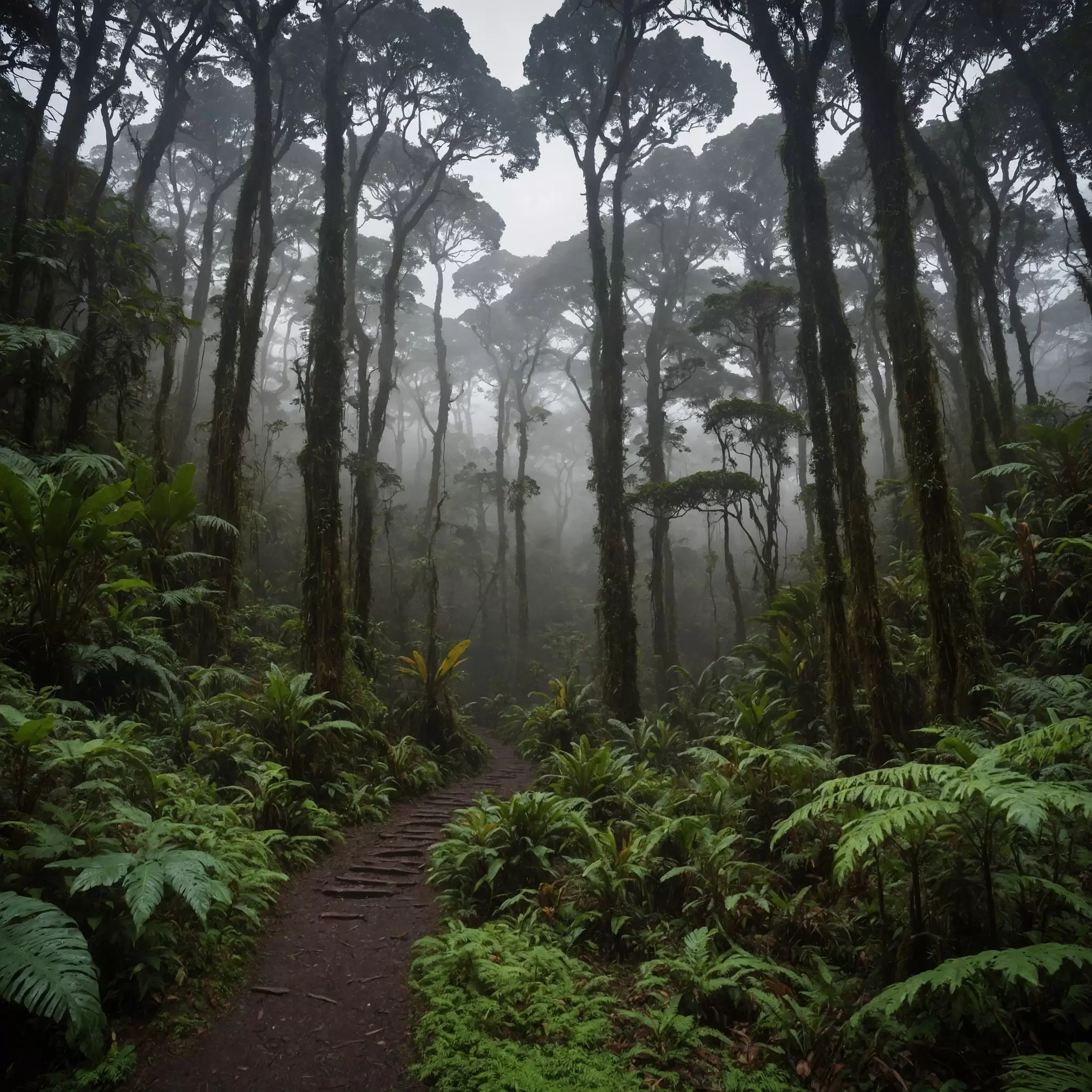 A trail leads through a mist-covered forest