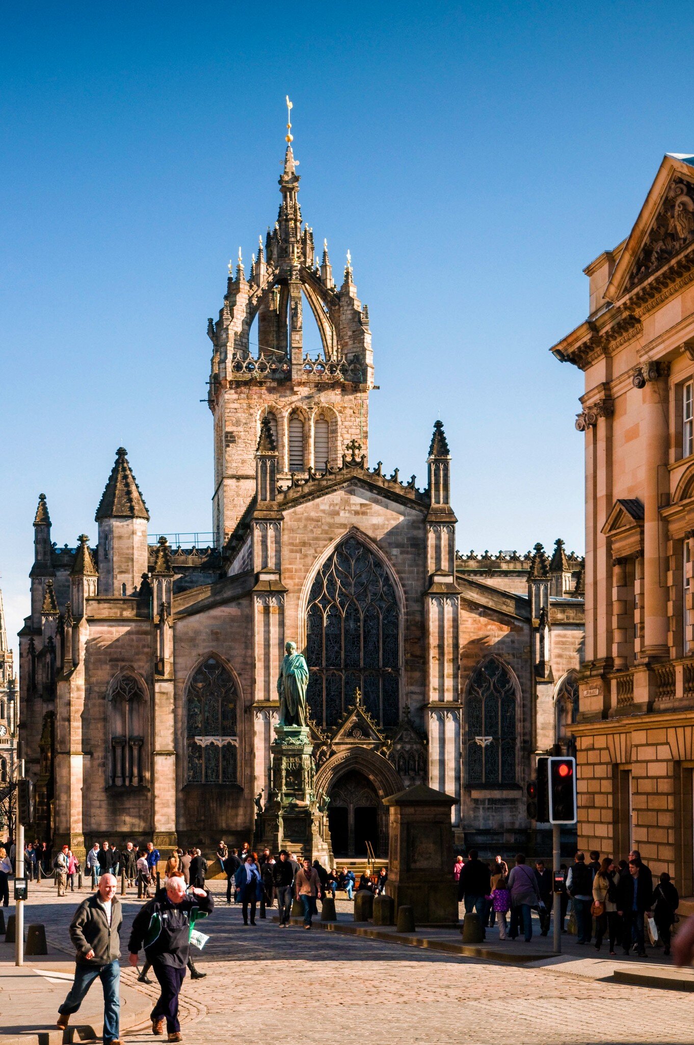 Facade of St Giles Cathedral (the High Kirk), Edinburgh, Scotland on a sunny day.