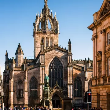 Facade of St Giles Cathedral (the High Kirk), Edinburgh, Scotland on a sunny day.
