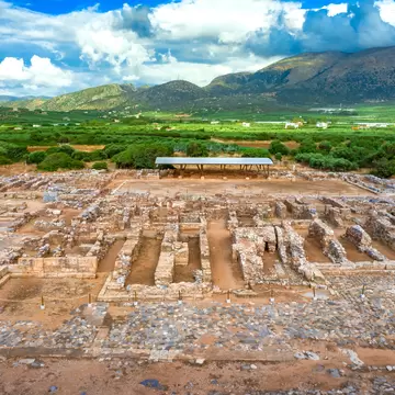 Aerial view of the ruins of the Minoan palace in Malia, Crete, Greece
