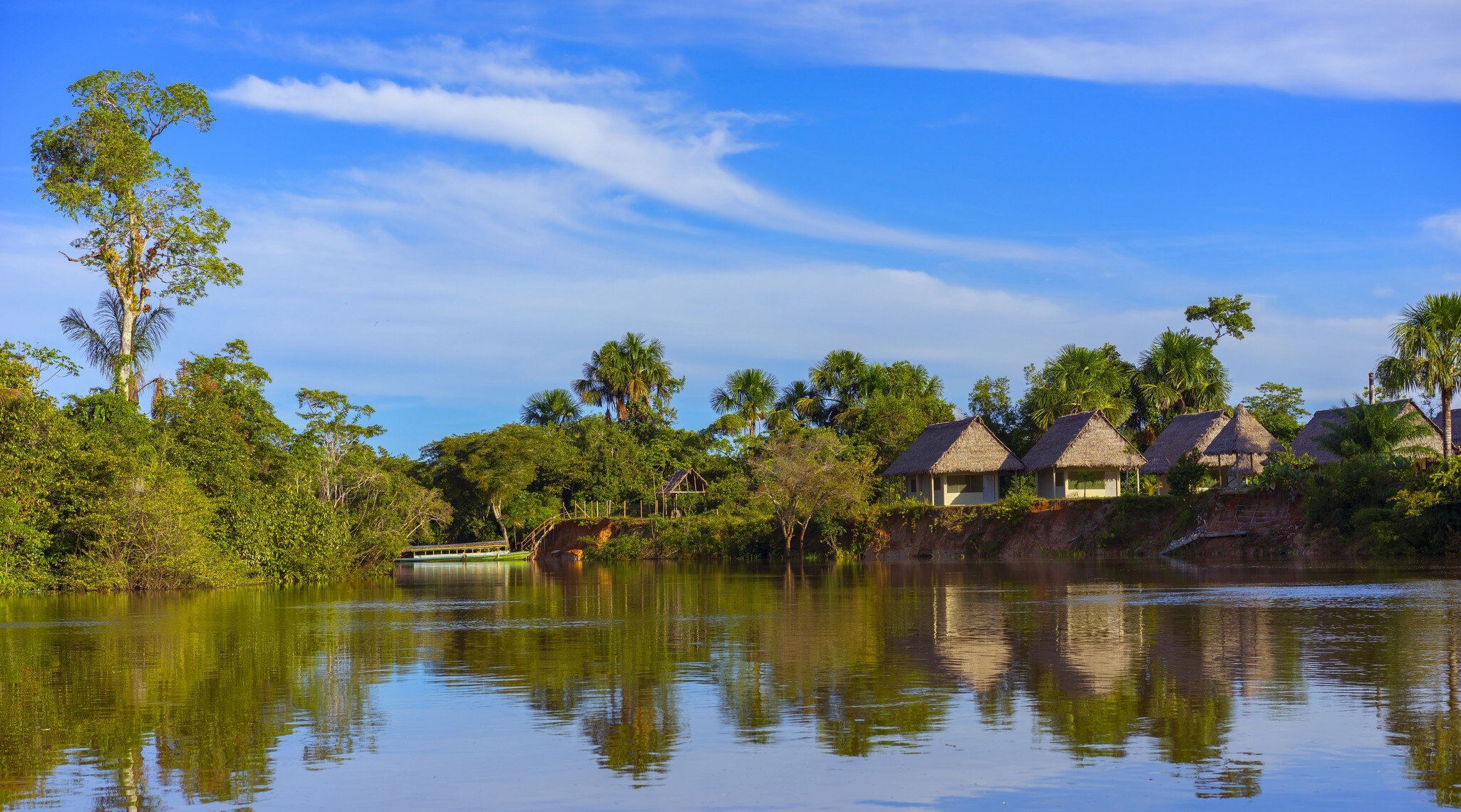 Houses among lush foliage on Napo riverbank, Iquitos, Peru