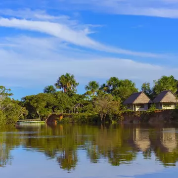 Houses among lush foliage on Napo riverbank, Iquitos, Peru