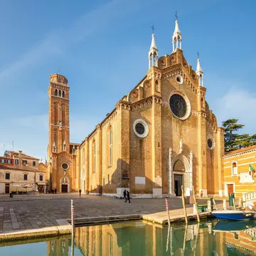Exterior of the Basilica di Santa Maria Gloriosa dei Frari, a church in Venice, Italy.