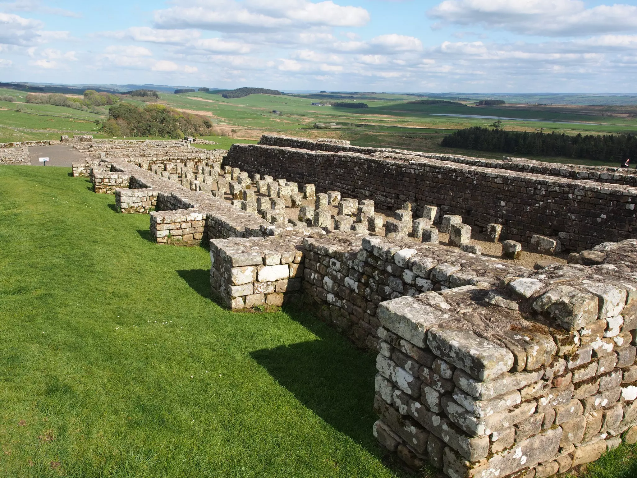The stone ruins of an ancient Roman granary along Hadrian's Wall.