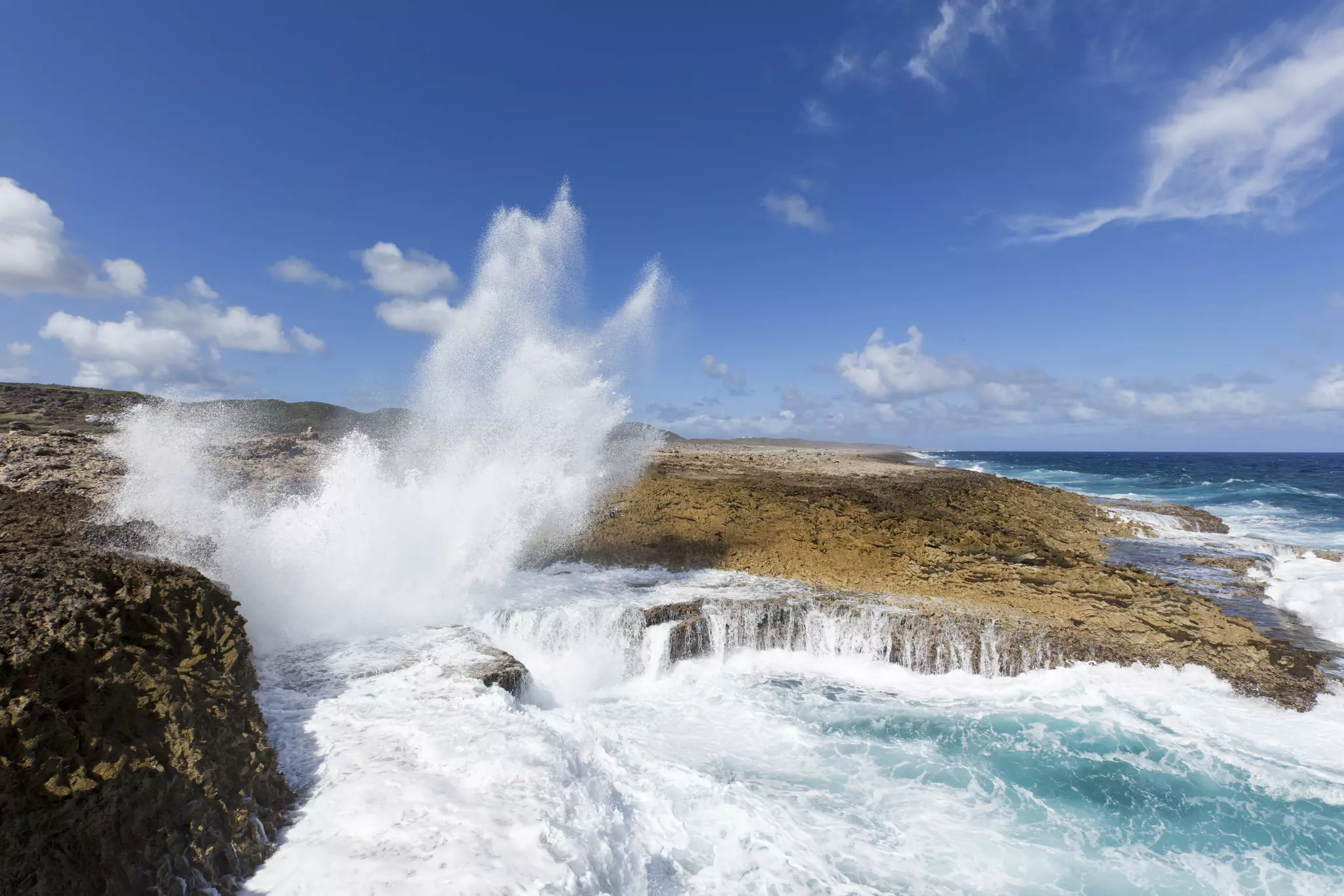 A large spray of sea mist shoots into the sky as a wave crashes against a rocky shoreline.