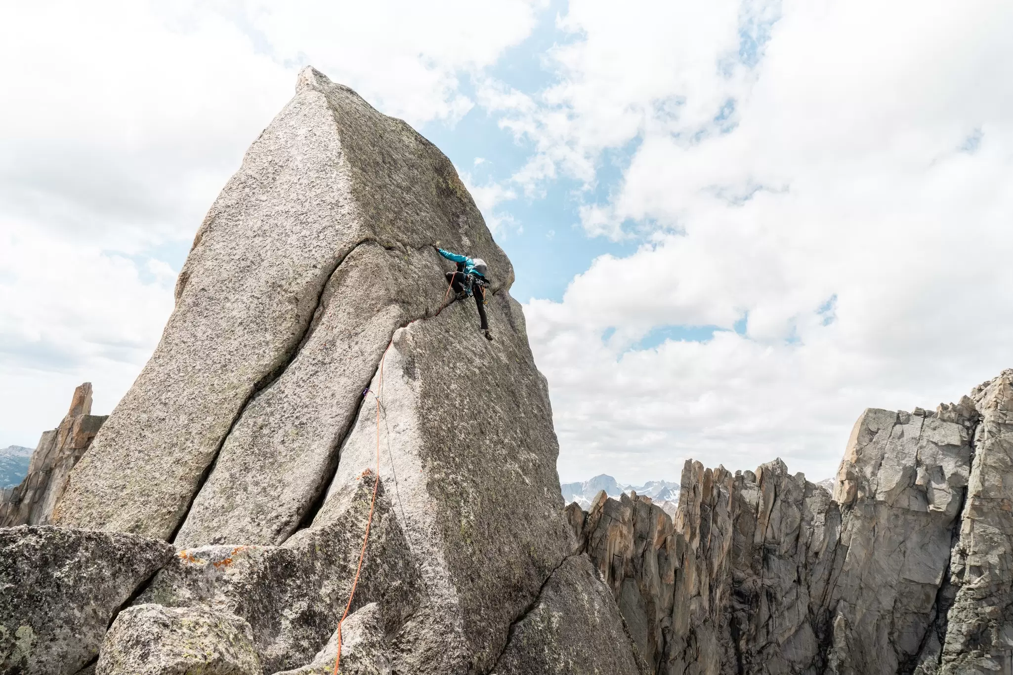 A climber on a granite spire in the Cirque of the Towers in Wyoming. 