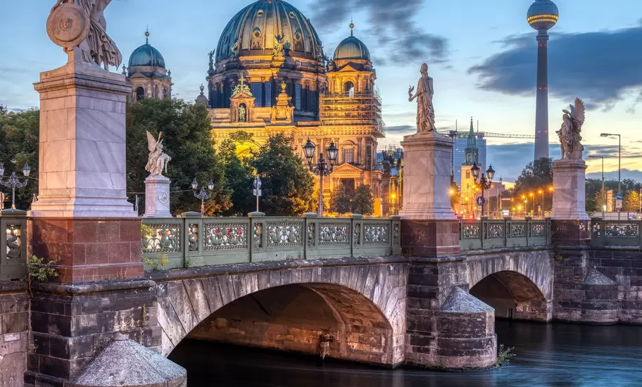 The Cathedral, TV Tower and Schlossbrücke in Berlin, Germany, before sunrise