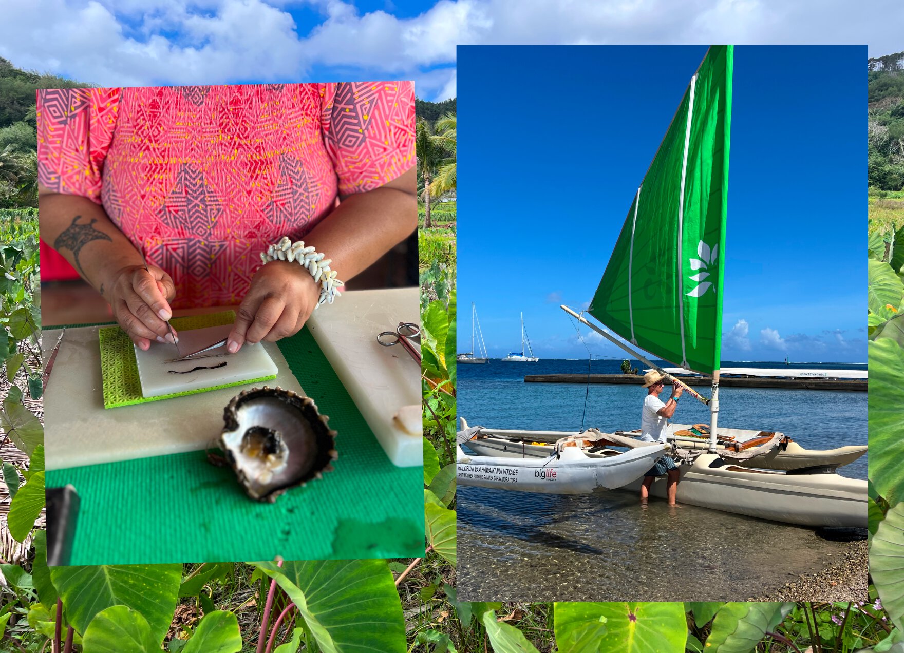 Left: Woman seeing black pearls; Right: Traditional sailing va'a