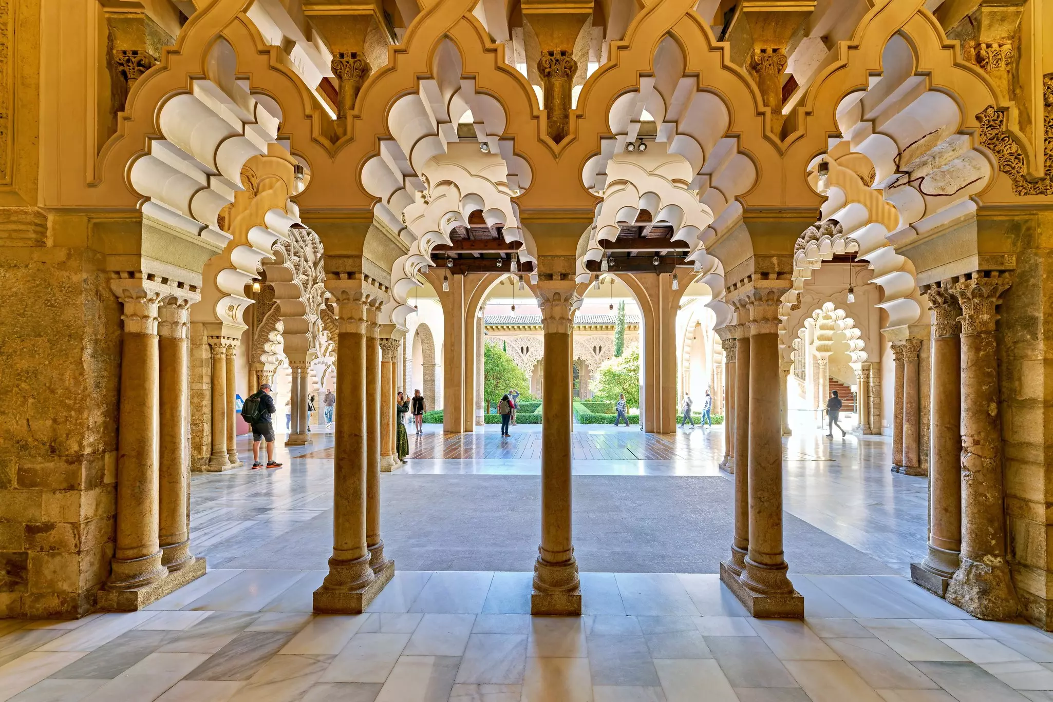 Islamic arches inside the Aljafería Palace in Zaragoza. 