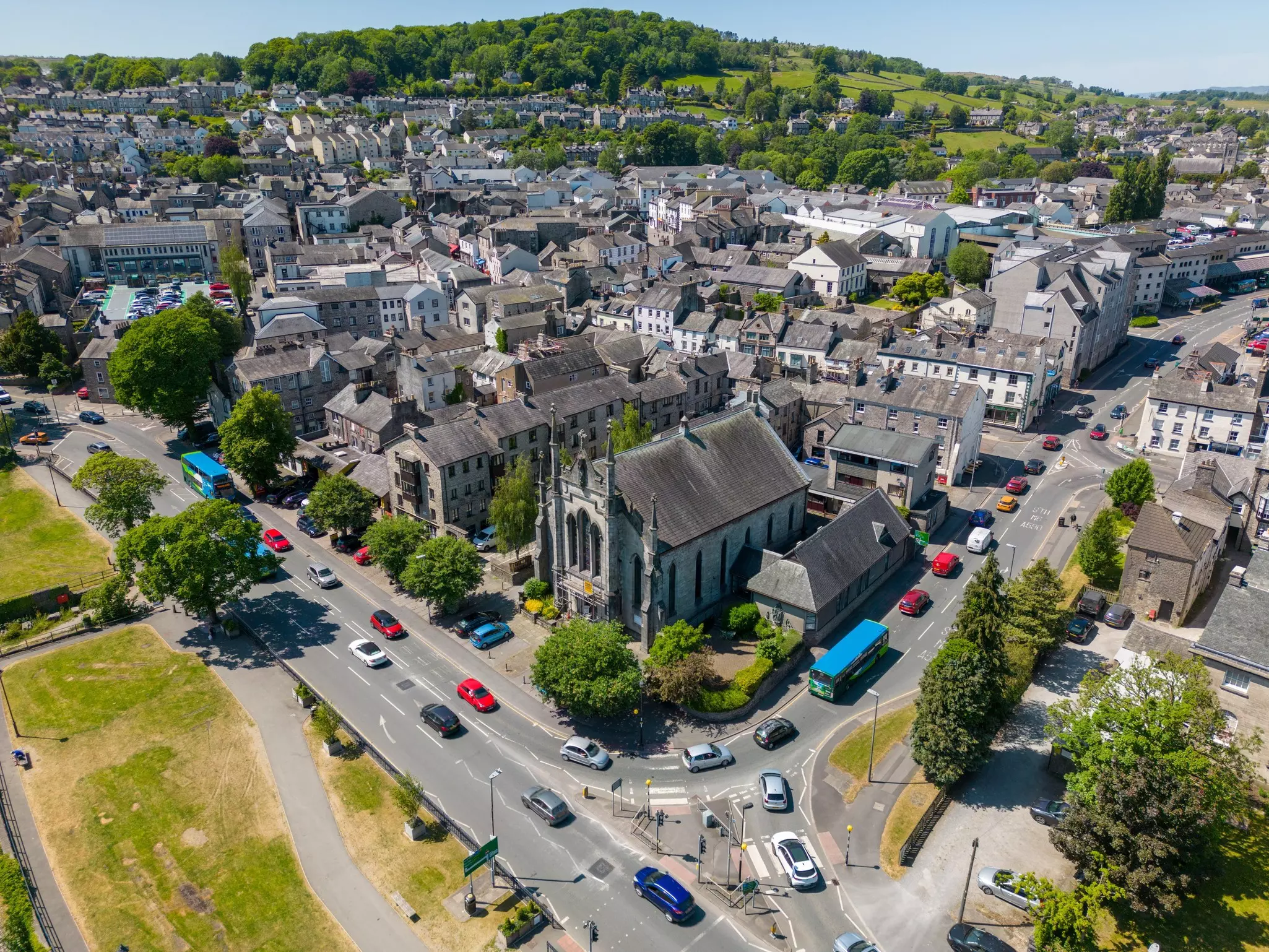 This aerial photo shows trucks gathered at the ground-breaking ceremony of Guangzhou Evergrande's new stadium in Guangzhou