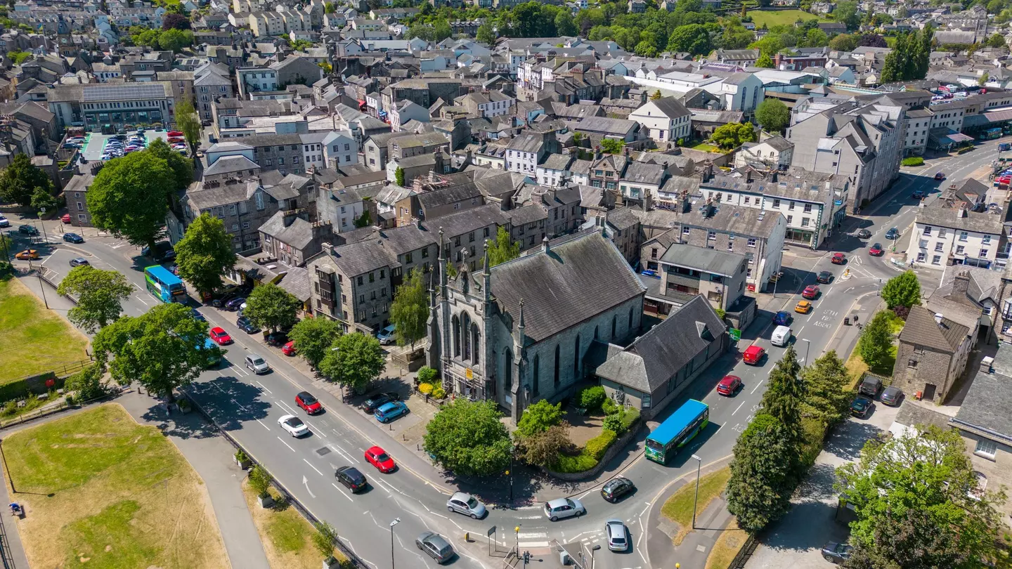 This aerial photo shows trucks gathered at the ground-breaking ceremony of Guangzhou Evergrande's new stadium in Guangzhou