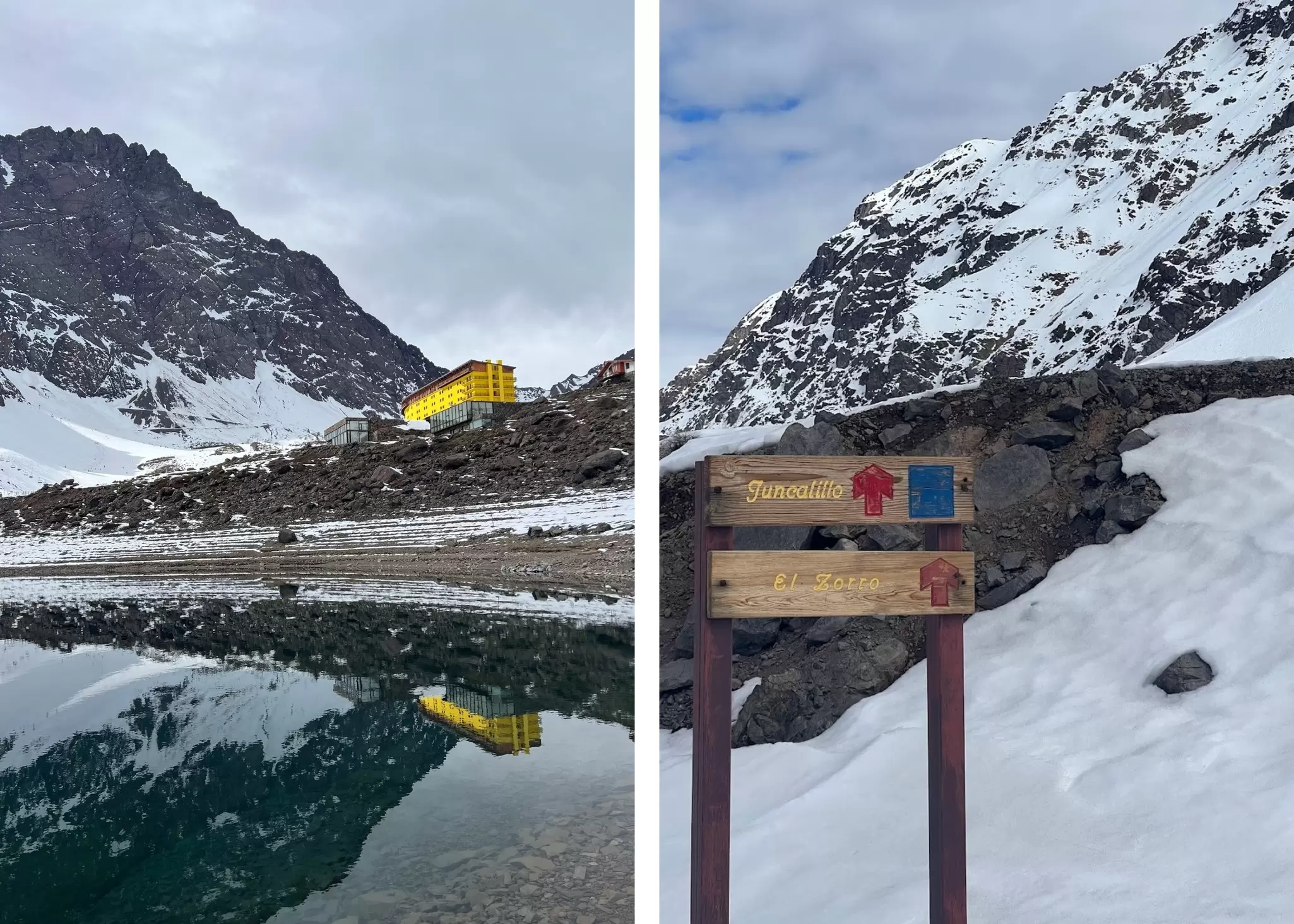 Left: A yellow hotel sits beside a body of water surrounded by snow and mountains. Right: A sign pointing to various sky slopes with a snowy mountain in the background: Hotel Portillo, Chile
