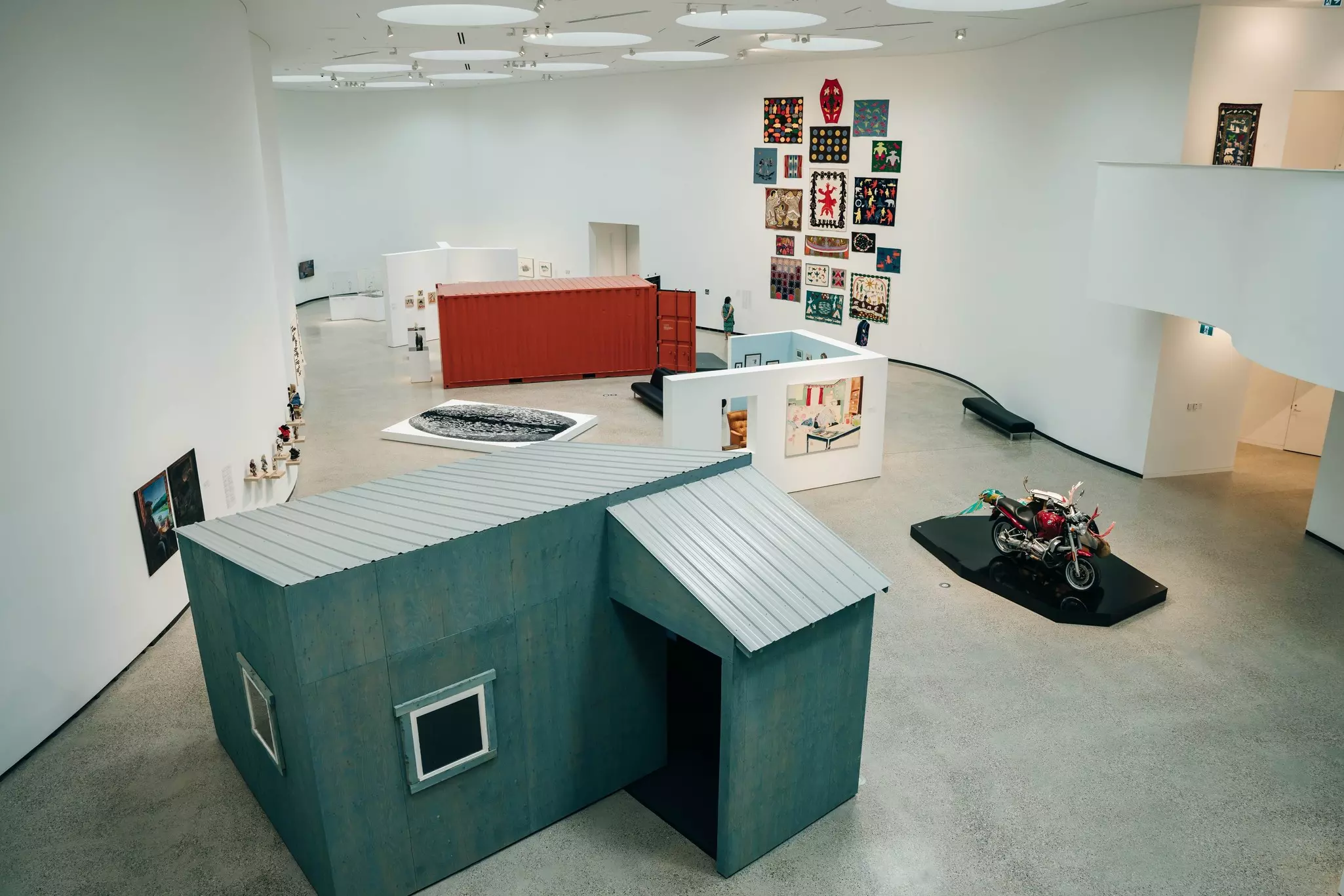 An overhead look at the exhibition floor at WAG-Qaumajuq in Winnipeg
