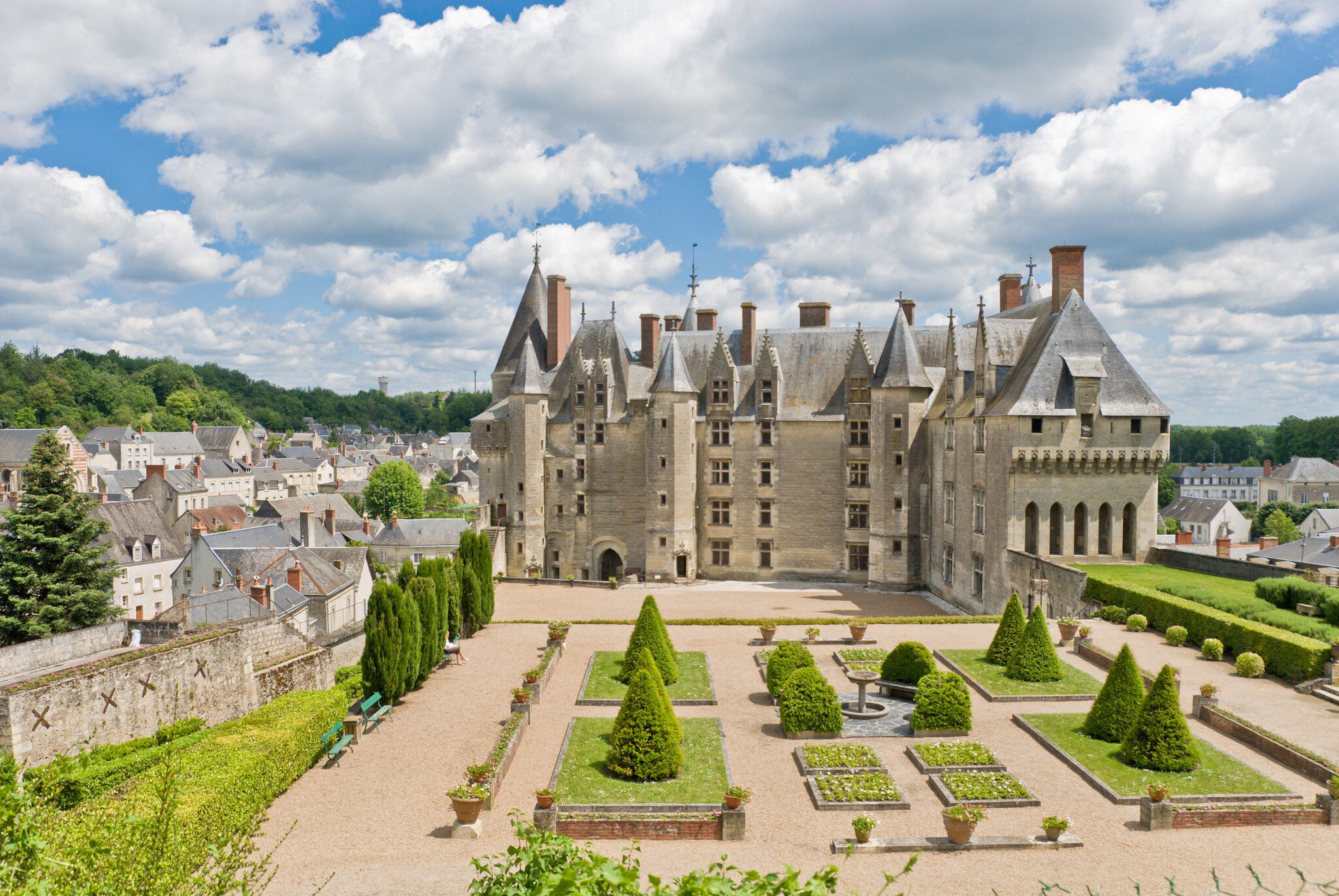 Panoramic view of the castle, garden and town Langeais. Loire Valley, France.     
