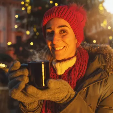 Happy woman in front of Christmas tree on Christmas market drinking hot wine at winter, License Type: media, Download Time: 2025-11-14T02:08:08.000Z, User: katherineeloisemarsh73, Editorial: false, purchase_order: 56530 - Guidebooks, job: Global Publishing-WIP, client: Munich Bavaria & the Black Forest 9, other: Kat/Marsh
