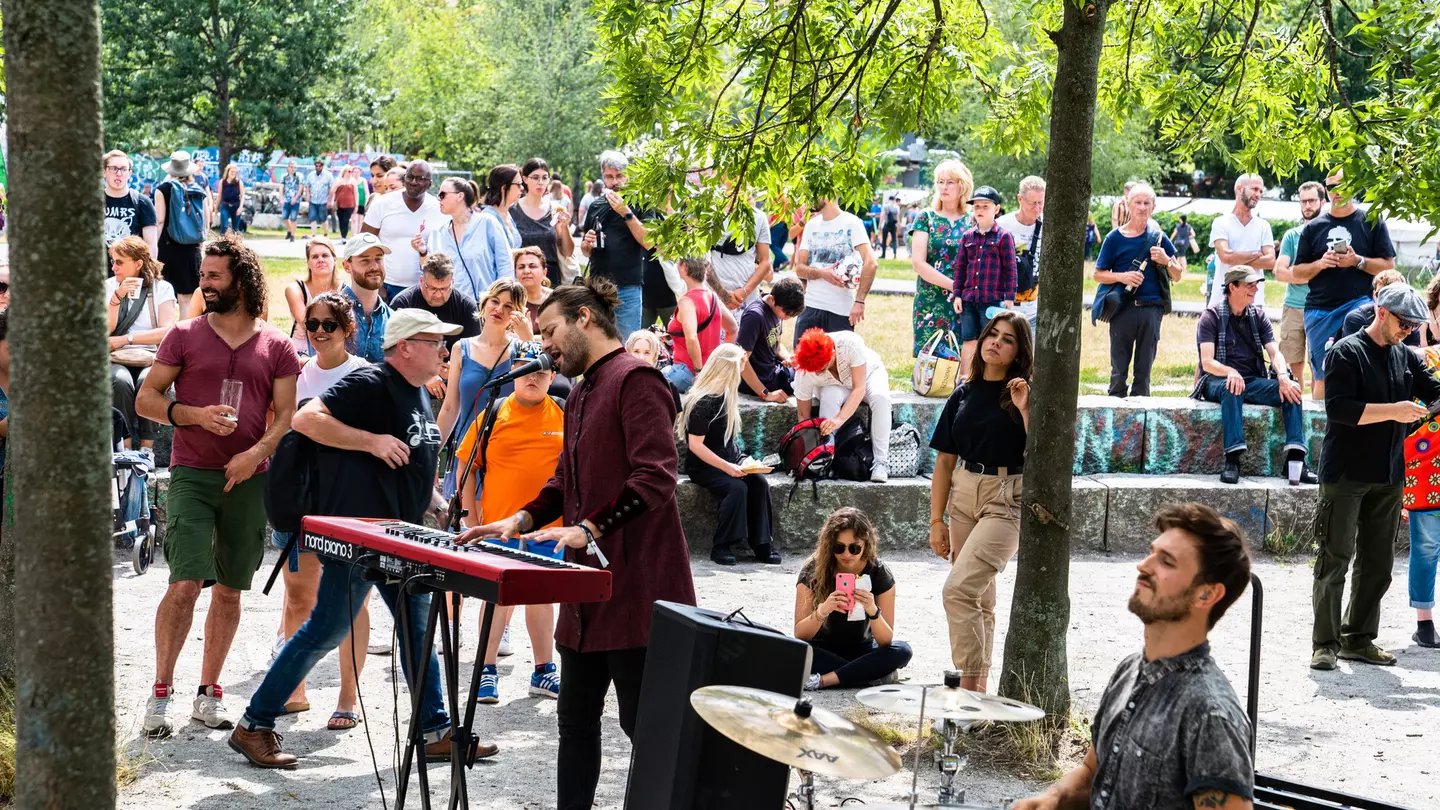 Sunday in the Mauer park - people watching street artists performance. Mauerpark is a public park in the Prenzlauer Berg district.
