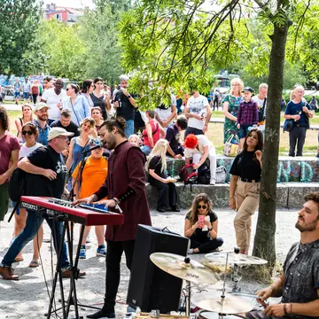 Sunday in the Mauer park - people watching street artists performance. Mauerpark is a public park in the Prenzlauer Berg district.