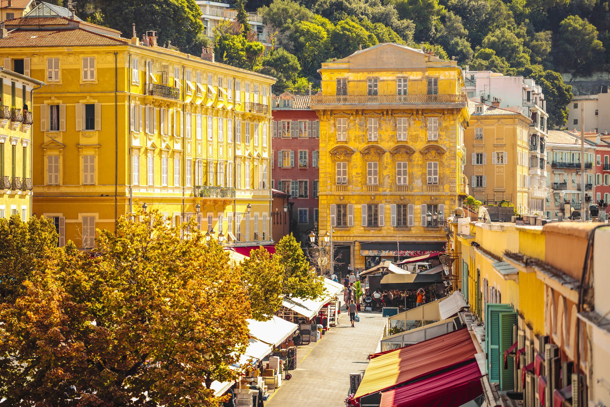 Overhead view of Cours Saleya flower market in Nice, France.