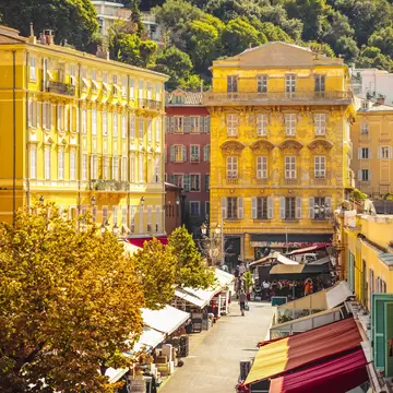 Overhead view of Cours Saleya flower market in Nice, France.