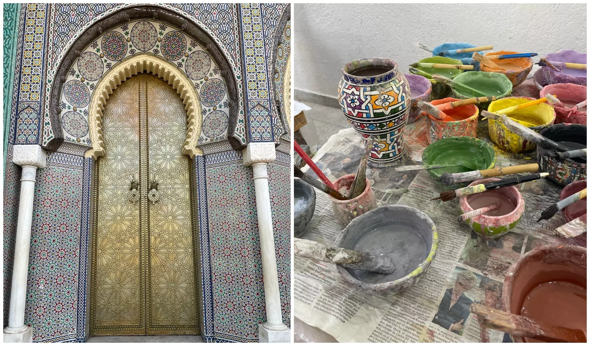 L: The intricate mosaics at the Royal Palace of Fez. R: A tour of the Art Argile ceramics factory in Fez © Deepa Lakshmin