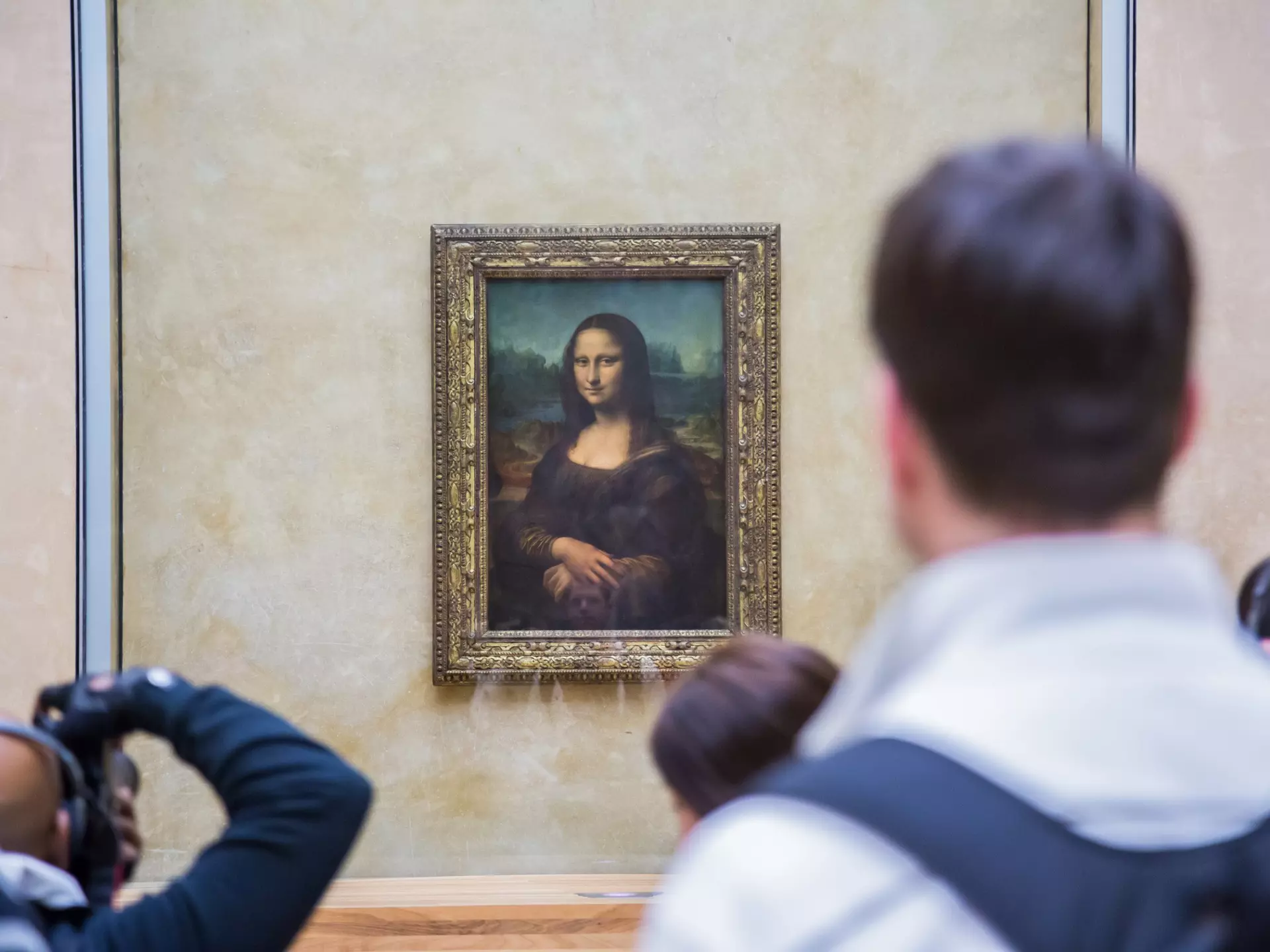 A crowd of people look at the Mona Lisa painting